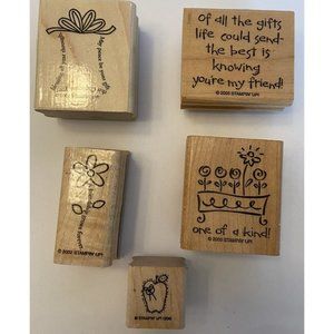 Lot of 5 Stampin Up wood mounted rubber stamps gifts flowers apple friends